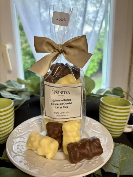 Ourson guimauve enrobé de chocolat lait et chocolat blanc